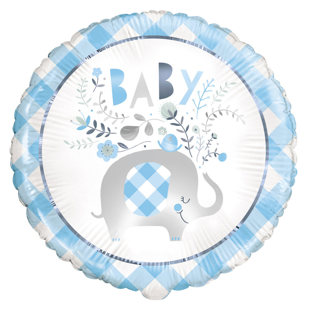 Floral Elephant Baby Shower Blue Foil Balloon